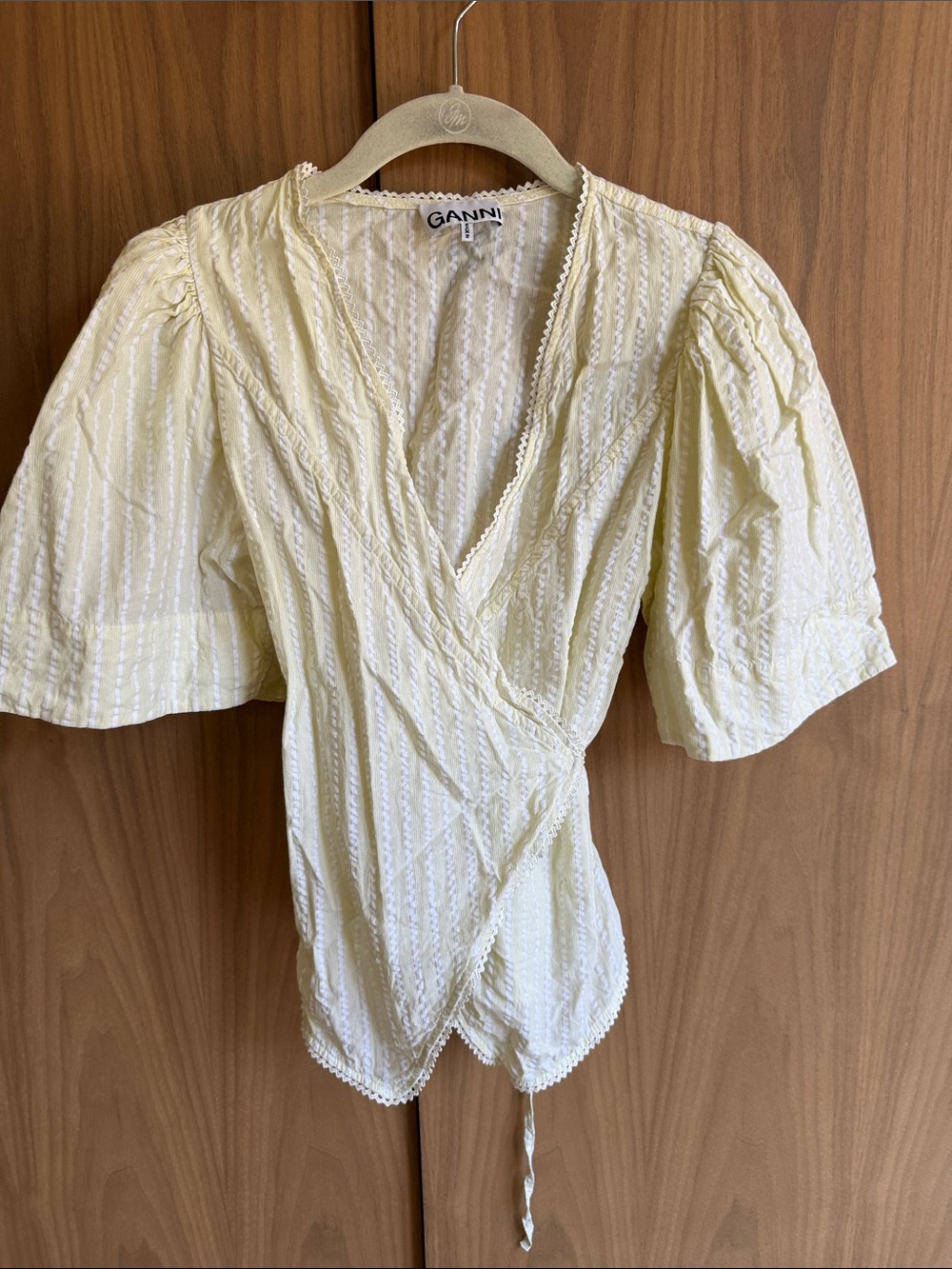 Ganni Yellow Seersucker Wrap Blouse